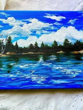 Blue Lakeside Landscape Wall Art - Hand-Painted Home Art, small painting